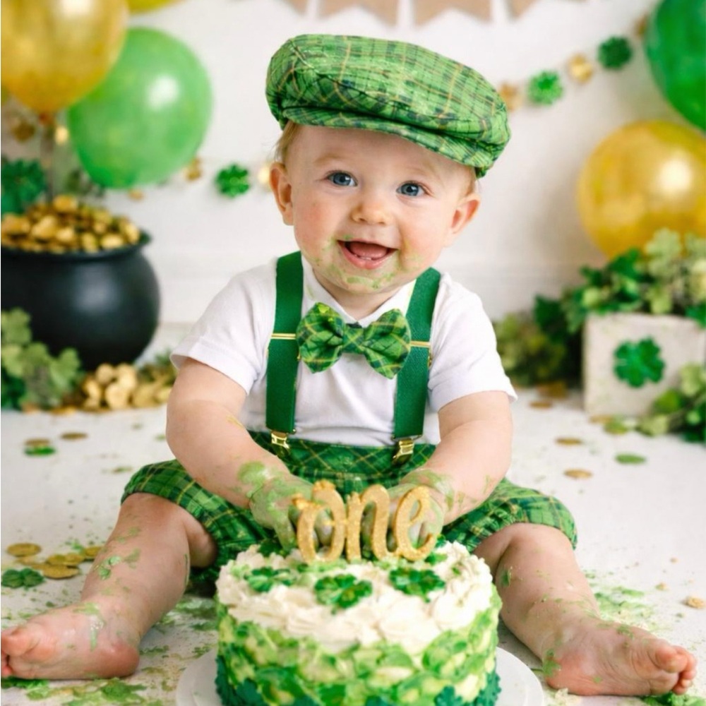 🍀 Green Plaid Baby Boy Outfit | Newsboy Hat | bloomers | suspenders | lucky one